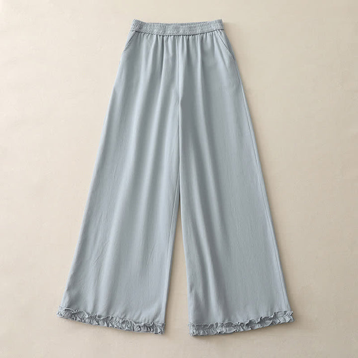 Buddha Stones Spring Casual Solid Cotton Ruffle Hem Women's Wide Leg Pants With Pockets - image 1