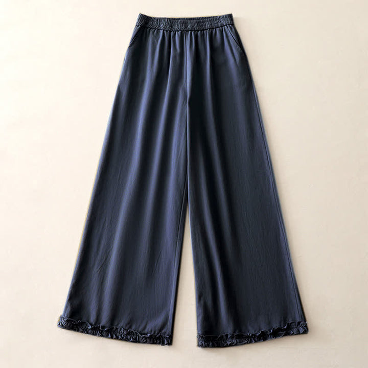 Buddha Stones Spring Casual Solid Cotton Ruffle Hem Women's Wide Leg Pants With Pockets - image 18