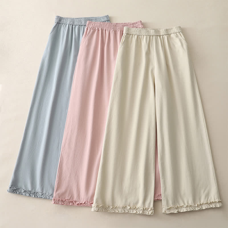 Buddha Stones Spring Casual Solid Cotton Ruffle Hem Women's Wide Leg Pants With Pockets - image 0