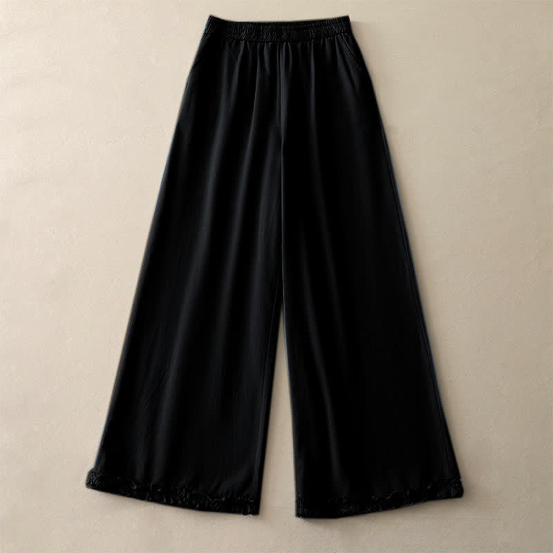 Buddha Stones Spring Casual Solid Cotton Ruffle Hem Women's Wide Leg Pants With Pockets - image 19