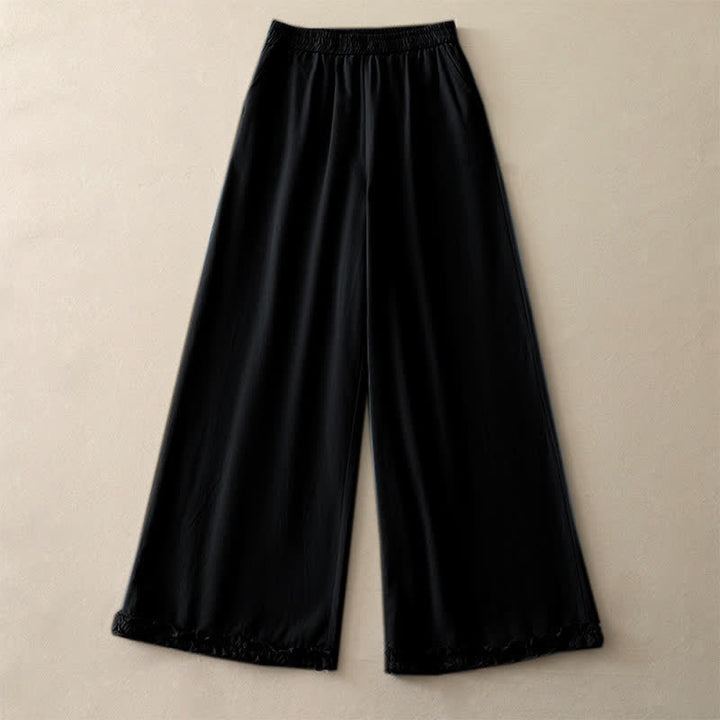 Buddha Stones Spring Casual Solid Cotton Ruffle Hem Women's Wide Leg Pants With Pockets - image 19