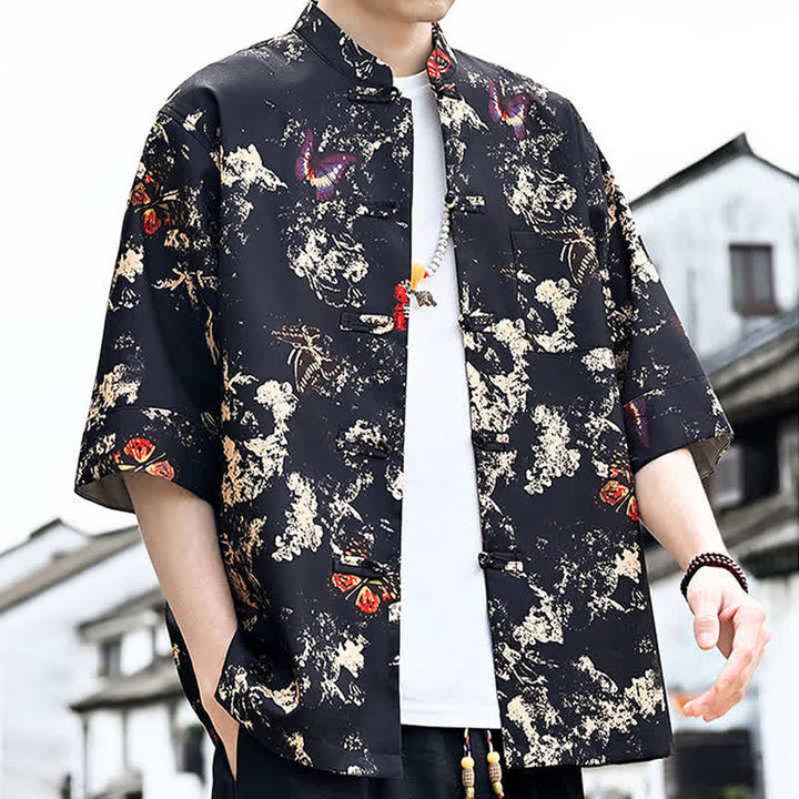 Buddha Stones Summer Tang Style Frog Button Floral Leaves Butterfly Print Men's Elbow-Length Sleeve Shirt With Chest Pocket - image 4