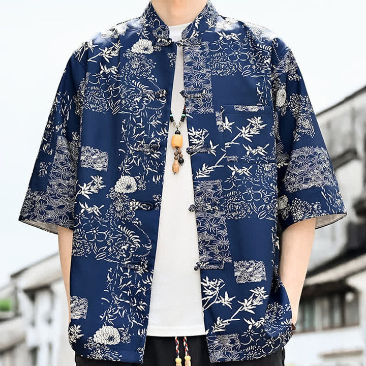 Buddha Stones Summer Tang Style Frog Button Floral Leaves Butterfly Print Men's Elbow-Length Sleeve Shirt With Chest Pocket - image 7