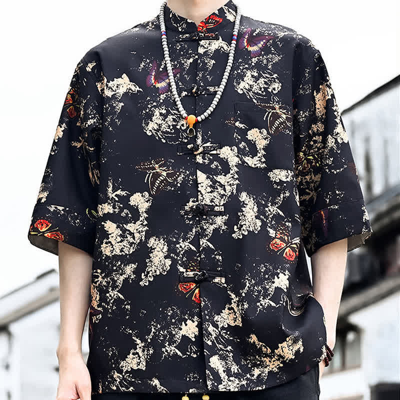 Buddha Stones Summer Tang Style Frog Button Floral Leaves Butterfly Print Men's Elbow-Length Sleeve Shirt With Chest Pocket - image 3