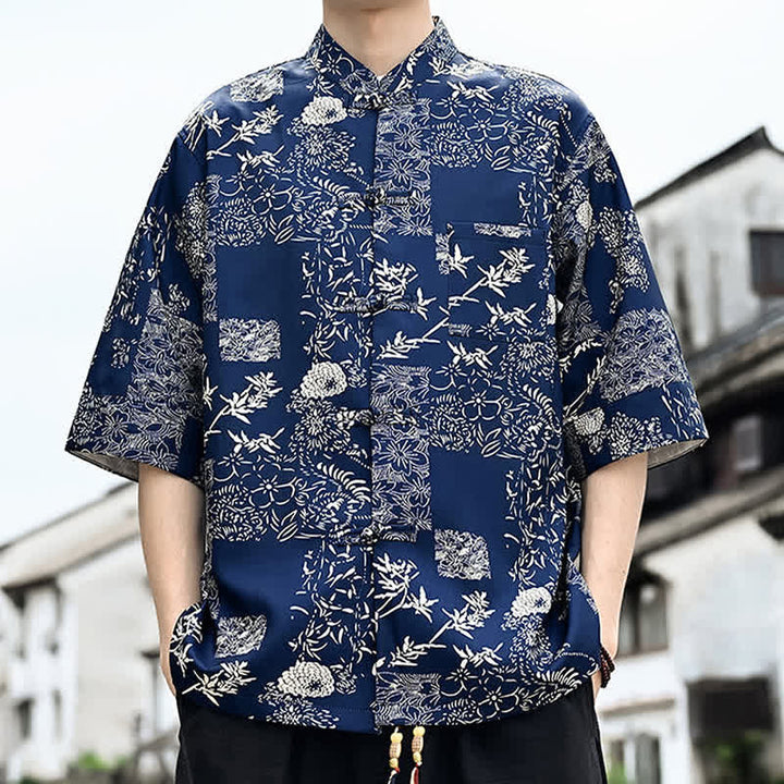 Buddha Stones Summer Tang Style Frog Button Floral Leaves Butterfly Print Men's Elbow-Length Sleeve Shirt With Chest Pocket - image 10