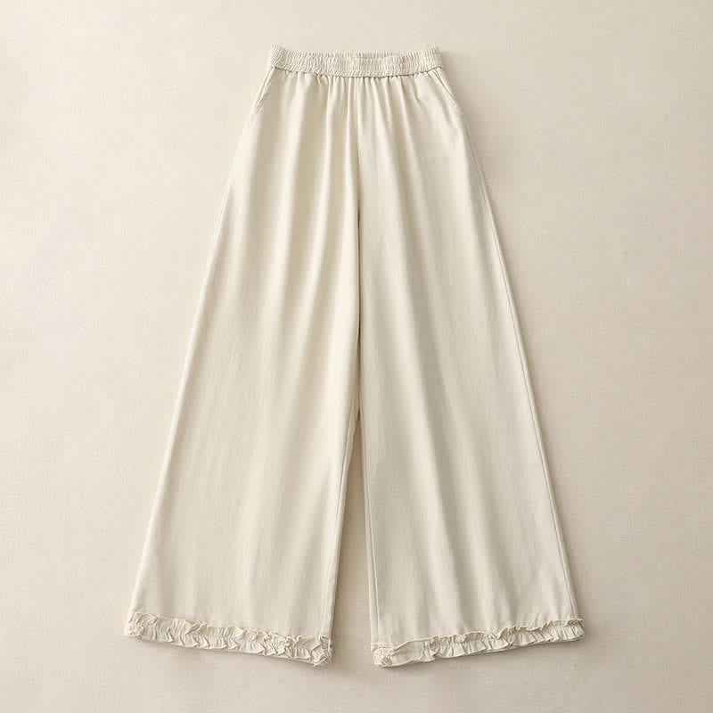 Buddha Stones Spring Casual Solid Cotton Ruffle Hem Women's Wide Leg Pants With Pockets - AntiqueWhite - US12，UK/AU16，EU44 (2XL) - image 5