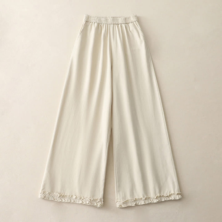 Buddha Stones Spring Casual Solid Cotton Ruffle Hem Women's Wide Leg Pants With Pockets - AntiqueWhite - US12，UK/AU16，EU44 (2XL) - image 5