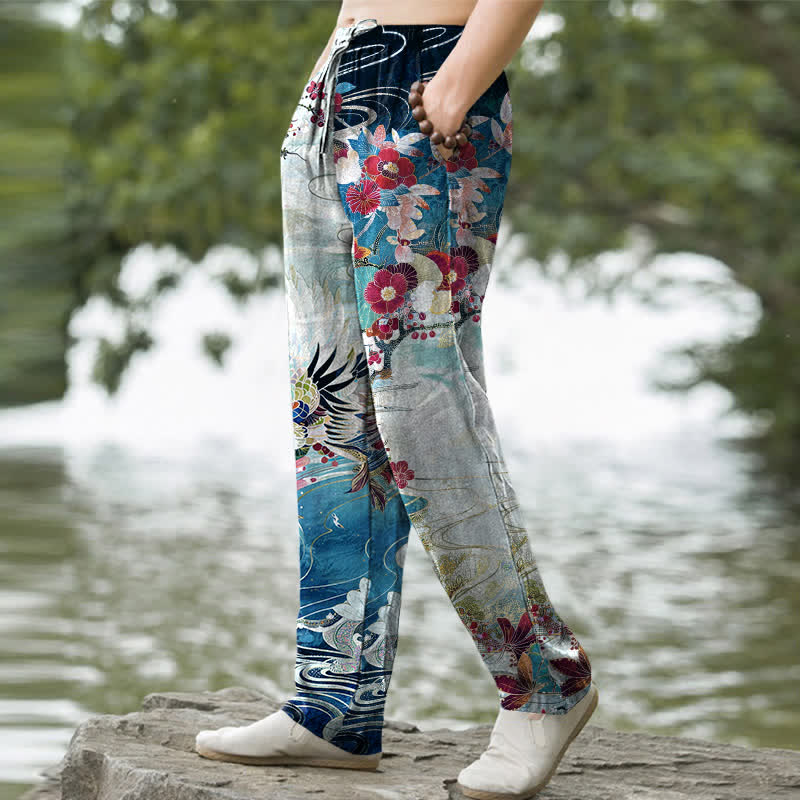 Buddha Stones Cotton White Crane Wave Pattern Men's Tapered Pants With Pockets - image 5