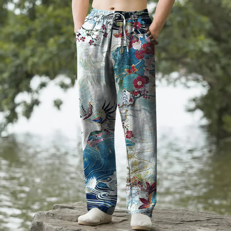 Buddha Stones Cotton White Crane Wave Pattern Men's Tapered Pants With Pockets - Turquoise - US/UK/AU50，EU60 (5XL) - image 4