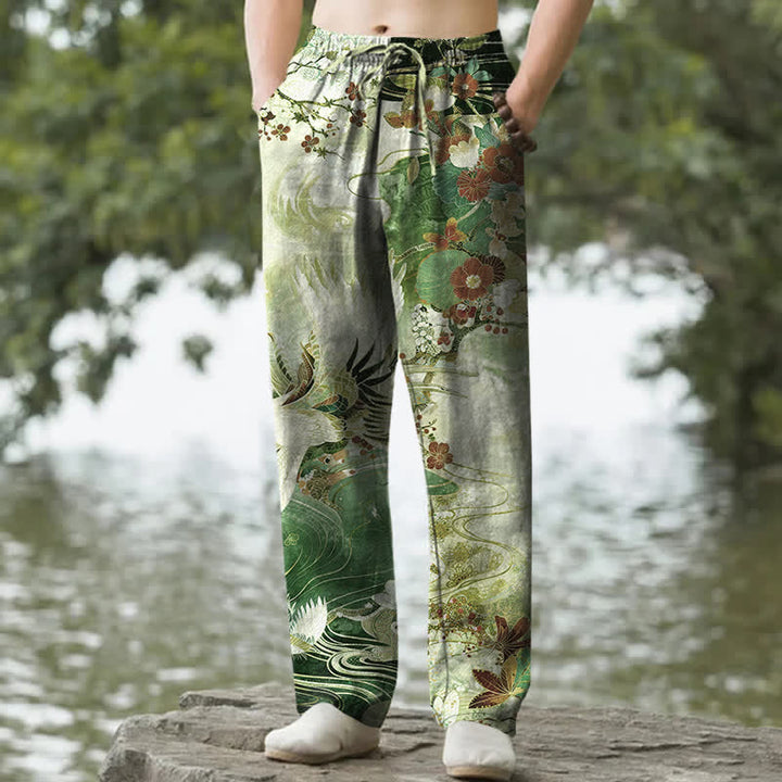Buddha Stones Cotton White Crane Wave Pattern Men's Tapered Pants With Pockets - ForestGreen - US/UK/AU50，EU60 (5XL) - image 6