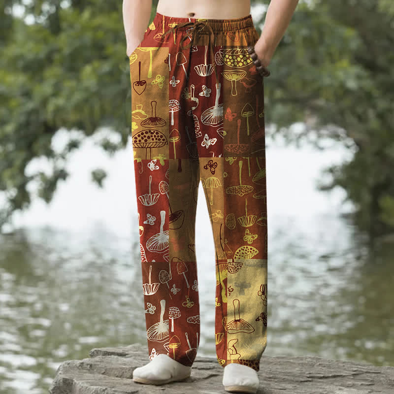 Buddha Stones Cotton Mushroom Botanical Pattern Men's Tapered Pants With Pockets - Sienna - US/UK/AU50，EU60 (5XL) - image 4