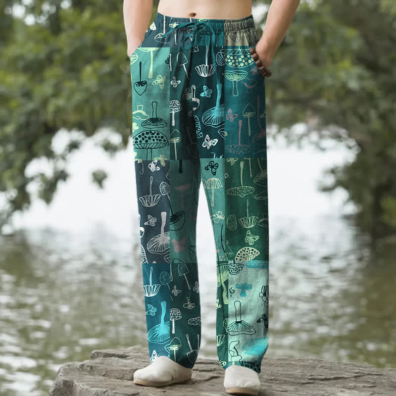 Buddha Stones Cotton Mushroom Botanical Pattern Men's Tapered Pants With Pockets - Teal - US/UK/AU50，EU60 (5XL) - image 6