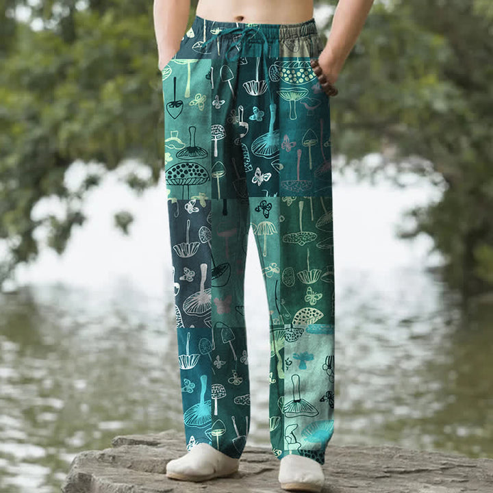 Buddha Stones Cotton Mushroom Botanical Pattern Men's Tapered Pants With Pockets - Teal - US/UK/AU50，EU60 (5XL) - image 6
