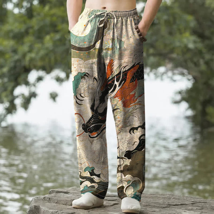 Buddha Stones Cotton Oriental Dragon Wave Pattern Men's Tapered Pants With Pockets - Beige - US/UK/AU50，EU60 (5XL) - image 0
