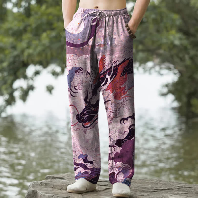 Buddha Stones Cotton Oriental Dragon Wave Pattern Men's Tapered Pants With Pockets - Plum - US/UK/AU50，EU60 (5XL) - image 6