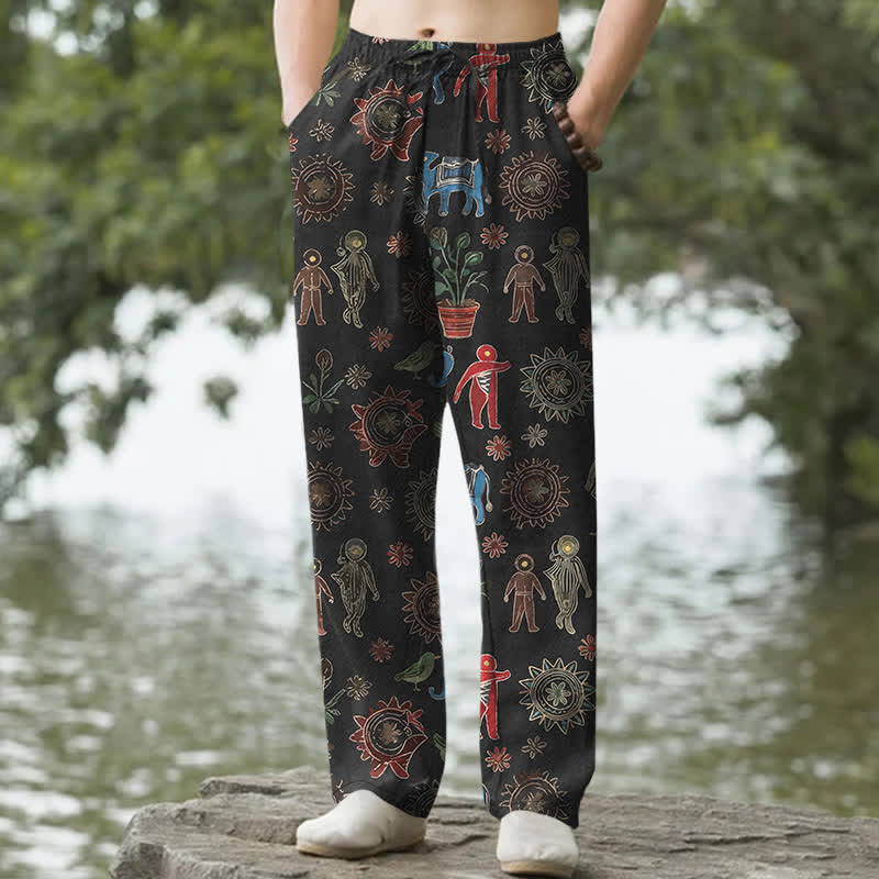 Buddha Stones Cotton Bohemian Sun Figure Pattern Men's Tapered Pants With Pockets - Black - US/UK/AU50，EU60 (5XL) - image 0