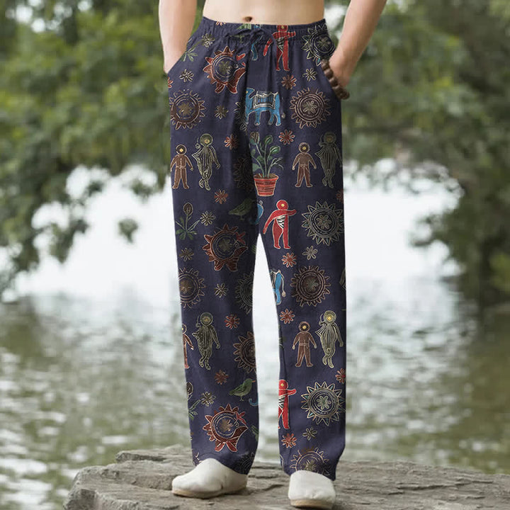 Buddha Stones Cotton Bohemian Sun Figure Pattern Men's Tapered Pants With Pockets - Navy - US/UK/AU50，EU60 (5XL) - image 4