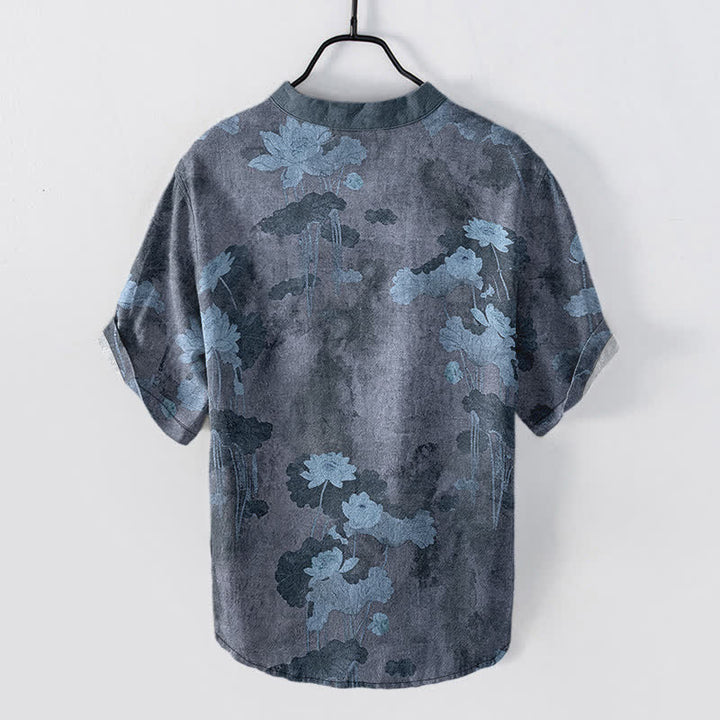 Buddha Stones Cotton Lotus Floral Pattern Men's Short Sleeve Half Button Shirt - image 6