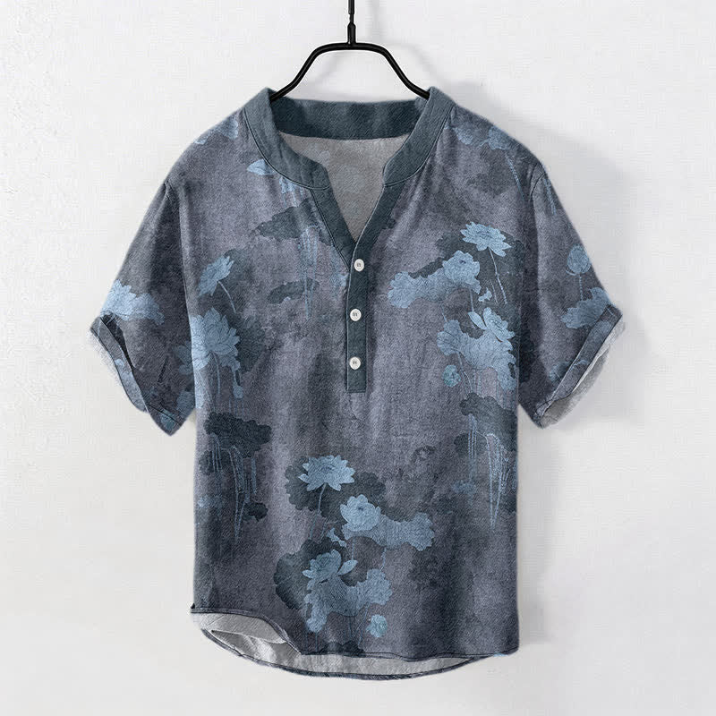 Buddha Stones Cotton Lotus Floral Pattern Men's Short Sleeve Half Button Shirt - SlateGray - US/UK/AU50，EU60 (5XL) - image 5