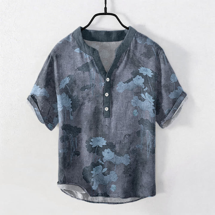 Buddha Stones Cotton Lotus Floral Pattern Men's Short Sleeve Half Button Shirt - SlateGray - US/UK/AU50，EU60 (5XL) - image 5