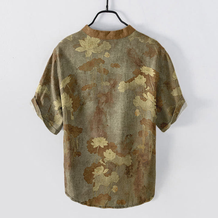 Buddha Stones Cotton Lotus Floral Pattern Men's Short Sleeve Half Button Shirt - image 8