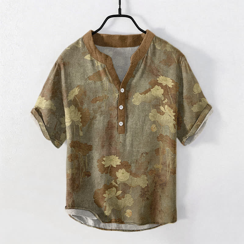 Buddha Stones Cotton Lotus Floral Pattern Men's Short Sleeve Half Button Shirt - Olive - US/UK/AU50，EU60 (5XL) - image 7