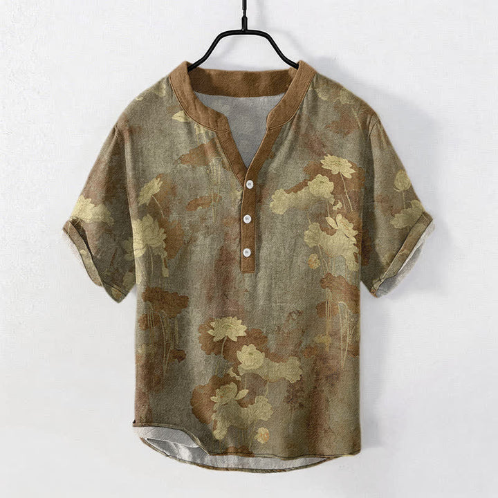 Buddha Stones Cotton Lotus Floral Pattern Men's Short Sleeve Half Button Shirt - Olive - US/UK/AU50，EU60 (5XL) - image 7