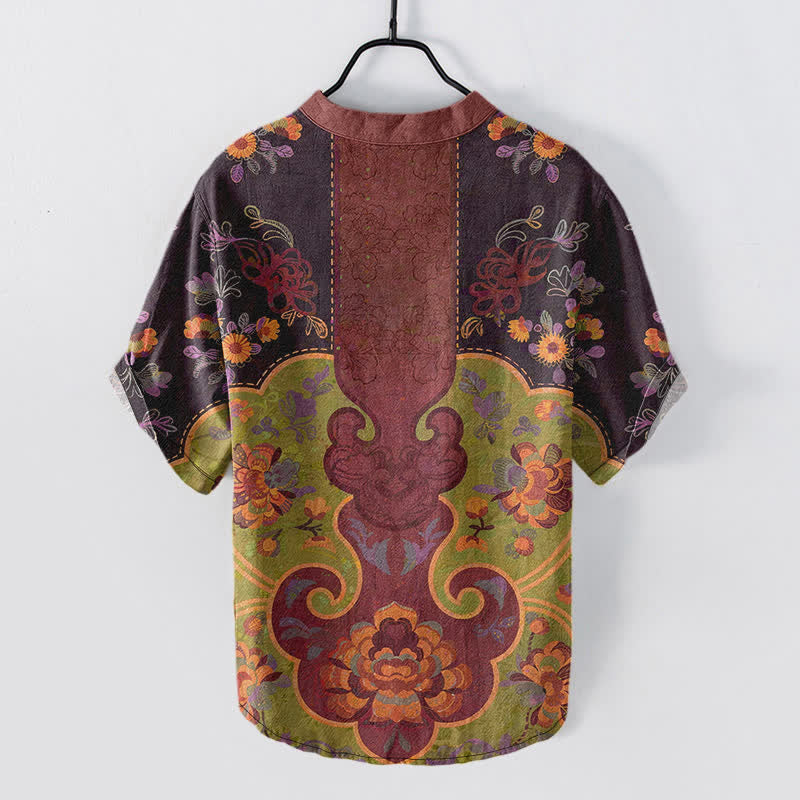 Buddha Stones Cotton Baroque Floral Pattern Men's Short Sleeve Half Button Shirt - image 1