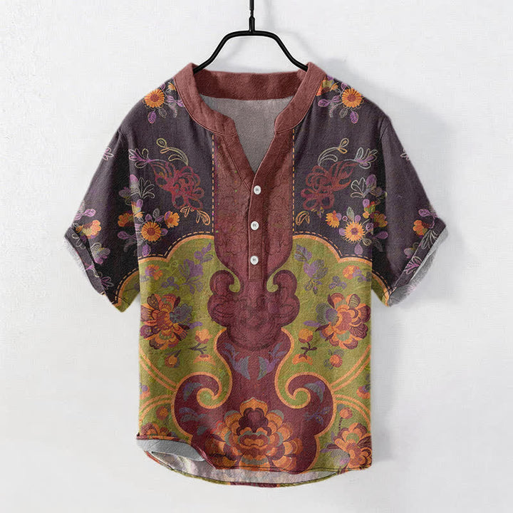 Buddha Stones Cotton Baroque Floral Pattern Men's Short Sleeve Half Button Shirt - Maroon - US/UK/AU50，EU60 (5XL) - image 0