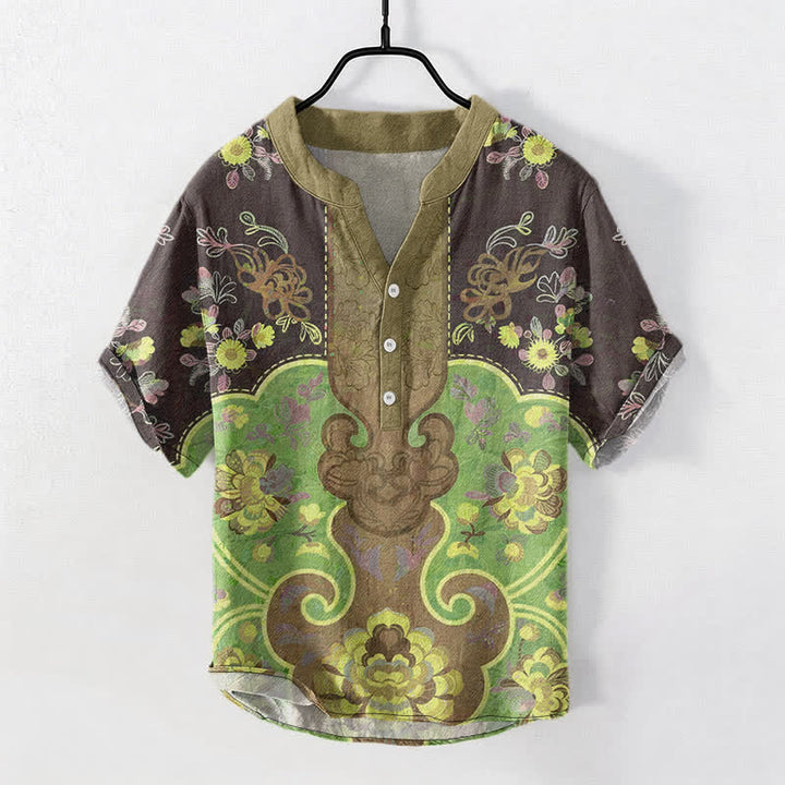 Buddha Stones Cotton Baroque Floral Pattern Men's Short Sleeve Half Button Shirt - Olive - US/UK/AU50，EU60 (5XL) - image 5