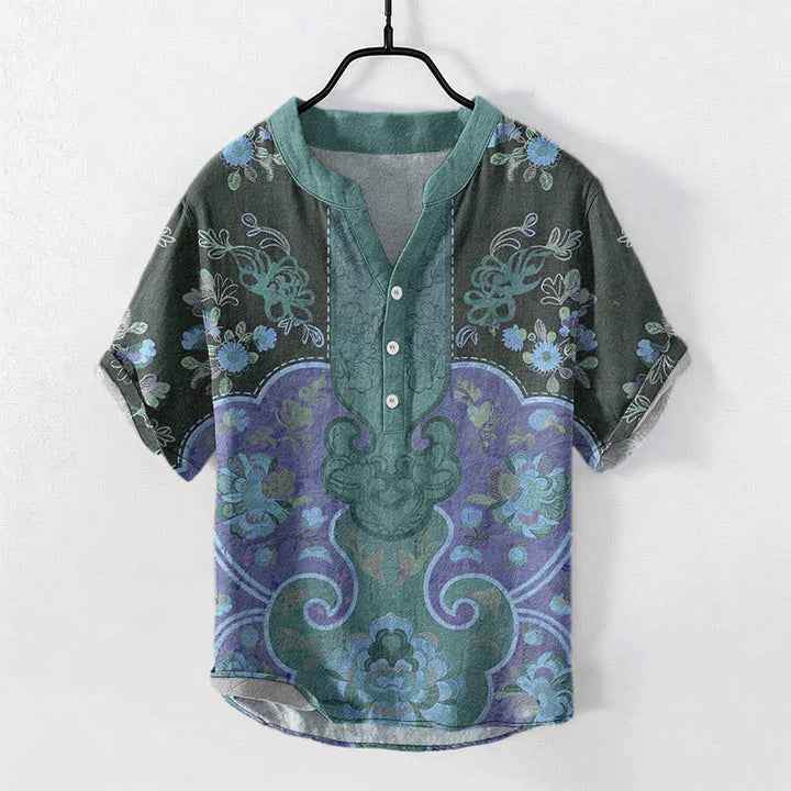 Buddha Stones Cotton Baroque Floral Pattern Men's Short Sleeve Half Button Shirt - Teal - US/UK/AU50，EU60 (5XL) - image 7