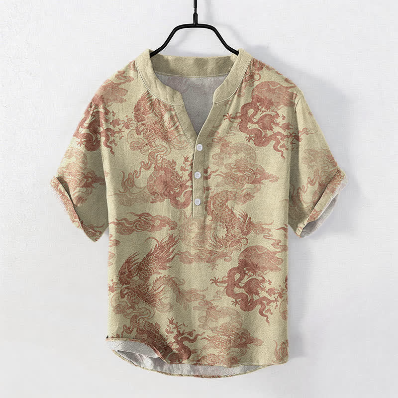 Buddha Stones Cotton Vintage Dragon Pattern Men's Short Sleeve Half Button Shirt - Wheat - US/UK/AU50，EU60 (5XL) - image 0