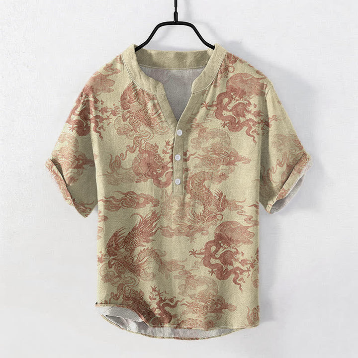 Buddha Stones Cotton Vintage Dragon Pattern Men's Short Sleeve Half Button Shirt - Wheat - US/UK/AU50，EU60 (5XL) - image 0