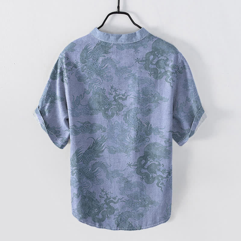 Buddha Stones Cotton Vintage Dragon Pattern Men's Short Sleeve Half Button Shirt - image 4