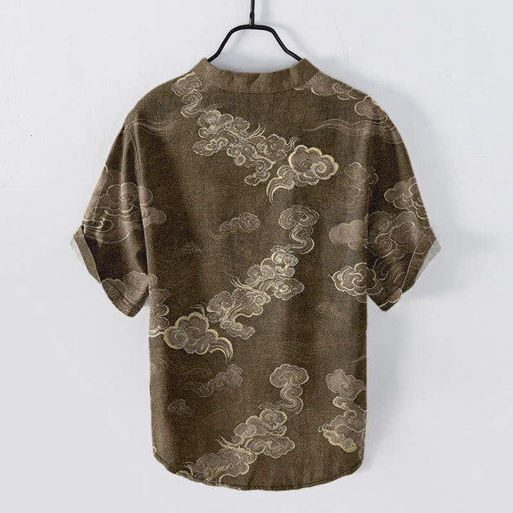 Buddha Stones Cotton Auspicious Cloud Pattern Men's Short Sleeve Half Button Shirt - image 6