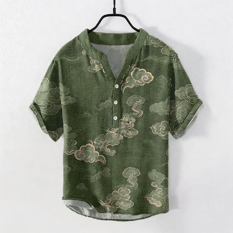 Buddha Stones Cotton Auspicious Cloud Pattern Men's Short Sleeve Half Button Shirt - OliveDrab - US/UK/AU50，EU60 (5XL) - image 7