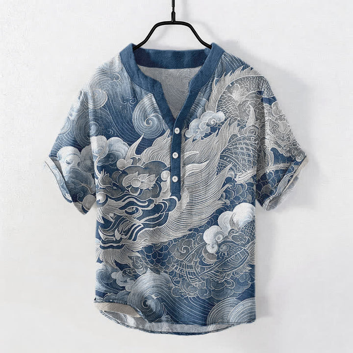 Buddha Stones Cotton Golden Dragon Pattern Men's Short Sleeve Half Button Shirt - SteelBlue - US/UK/AU50，EU60 (5XL) - image 7
