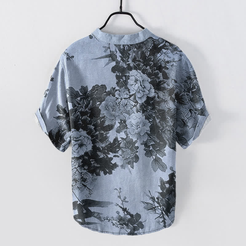 Buddha Stones Cotton Ink Floral Pattern Men's Short Sleeve Half Button Shirt - image 6