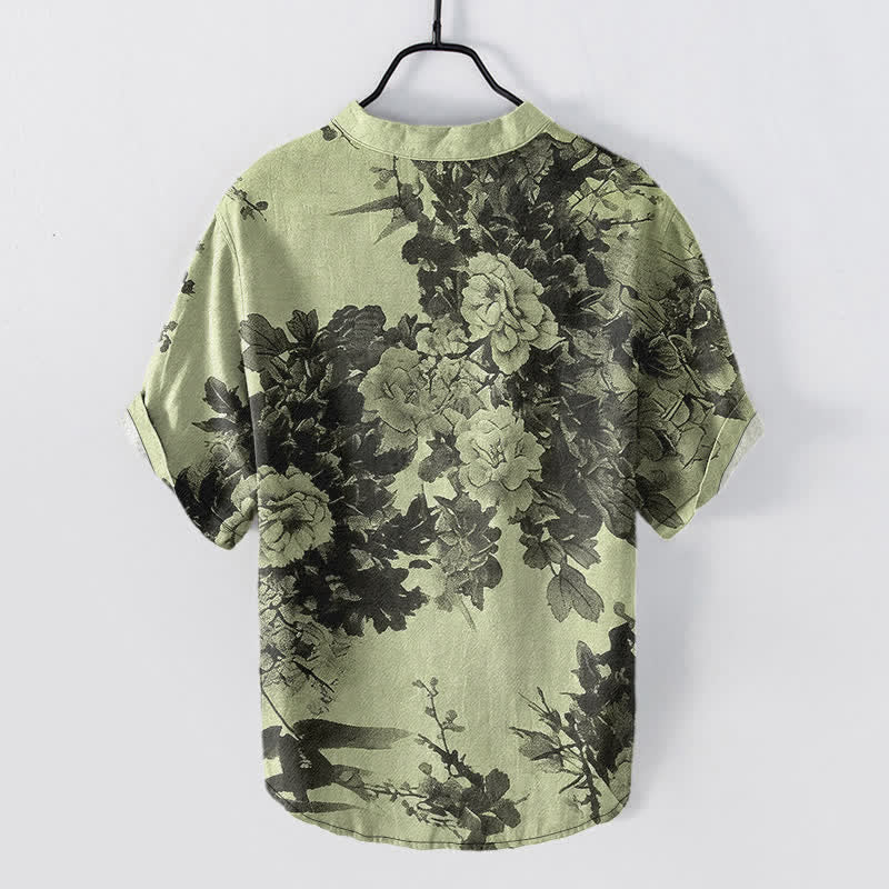 Buddha Stones Cotton Ink Floral Pattern Men's Short Sleeve Half Button Shirt - image 8
