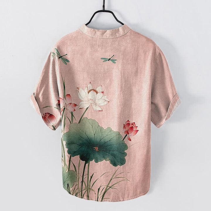 Buddha Stones Cotton Lotus Dragonfly Pattern Men's Short Sleeve Half Button Shirt - image 4