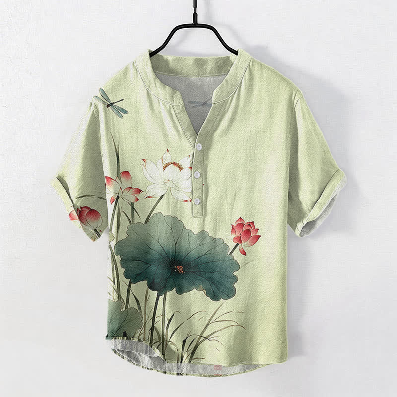 Buddha Stones Cotton Lotus Dragonfly Pattern Men's Short Sleeve Half Button Shirt - PaleGreen - US/UK/AU50，EU60 (5XL) - image 5