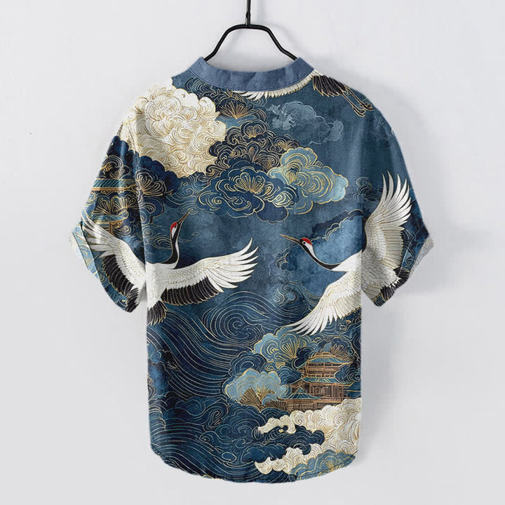 Buddha Stones Cotton Crane Cloud Pattern Men's Short Sleeve Half Button Shirt - image 6