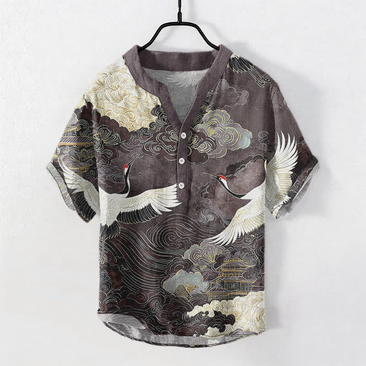 Buddha Stones Cotton Crane Cloud Pattern Men's Short Sleeve Half Button Shirt - SlateGray - US/UK/AU50，EU60 (5XL) - image 7