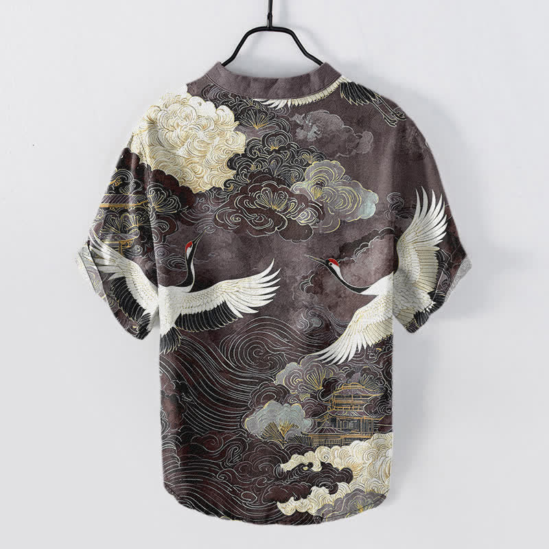 Buddha Stones Cotton Crane Cloud Pattern Men's Short Sleeve Half Button Shirt - image 8