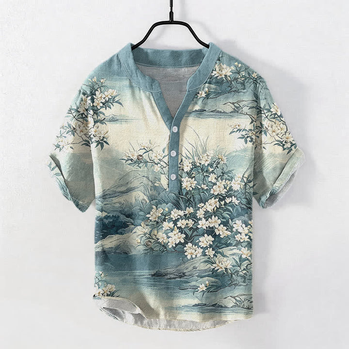 Buddha Stones Cotton Landscape Floral Pattern Men's Short Sleeve Half Button Shirt - DarkTurquoise - US/UK/AU50，EU60 (5XL) - image 0