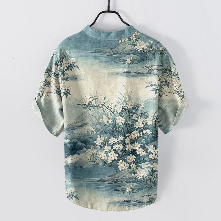 Buddha Stones Cotton Landscape Floral Pattern Men's Short Sleeve Half Button Shirt - image 1