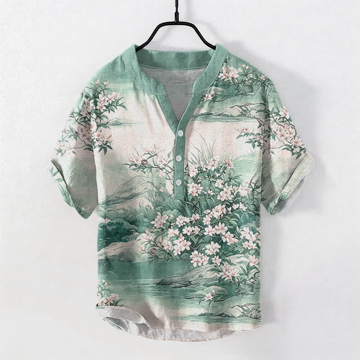 Buddha Stones Cotton Landscape Floral Pattern Men's Short Sleeve Half Button Shirt - LightGreen - US/UK/AU50，EU60 (5XL) - image 3