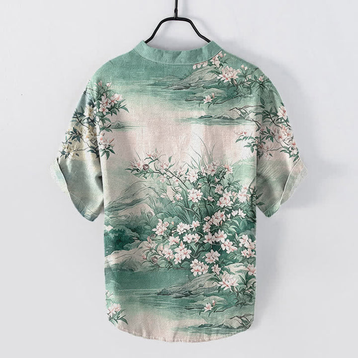 Buddha Stones Cotton Landscape Floral Pattern Men's Short Sleeve Half Button Shirt - image 4