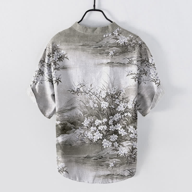 Buddha Stones Cotton Landscape Floral Pattern Men's Short Sleeve Half Button Shirt - image 6