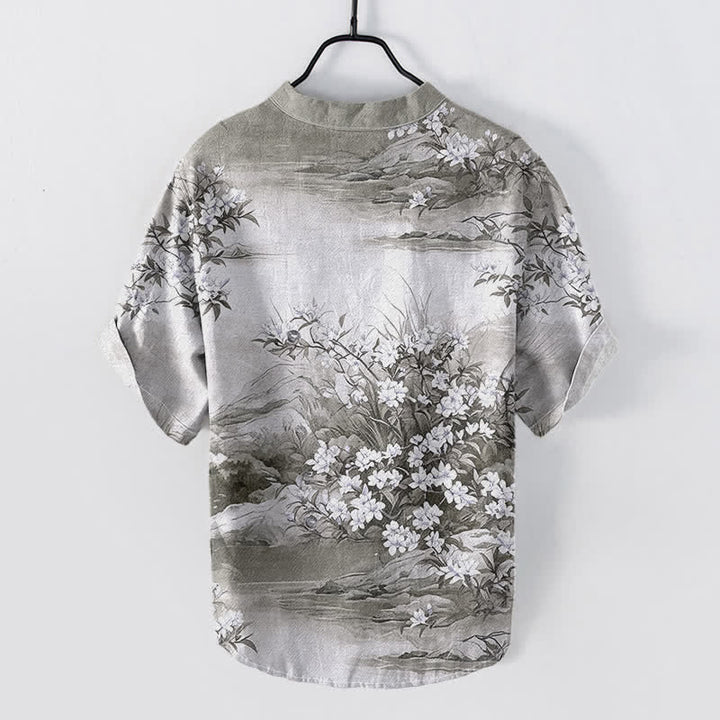 Buddha Stones Cotton Landscape Floral Pattern Men's Short Sleeve Half Button Shirt - image 6